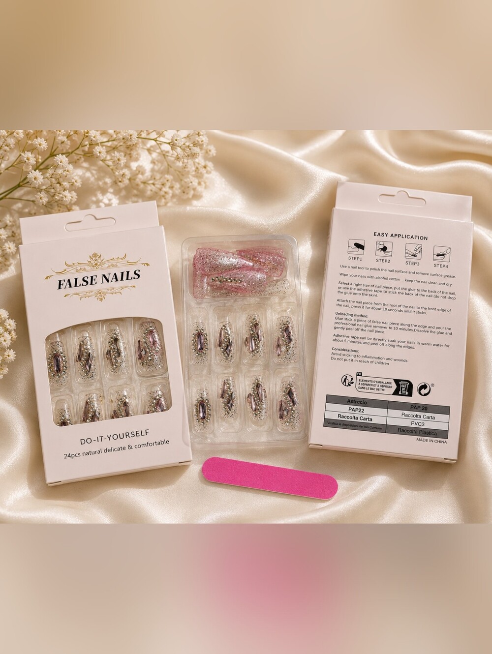 24pc Luxury Glitter Press On Nails | Pink Crystal Rhinestone False Nails | DIY